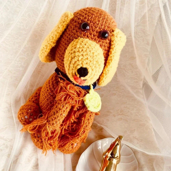 Stuffed Plushy Cute Brown and Cream Yellow Puppy Doggy Crochet Knit Doll Toy 12" - Picture 7 of 8